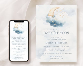 PRINTABLE Over the Moon Baby Shower Invitation Duo- Blue | Standard + Smart Phone Invitations | Fully Editable Text | Edit in Corjl