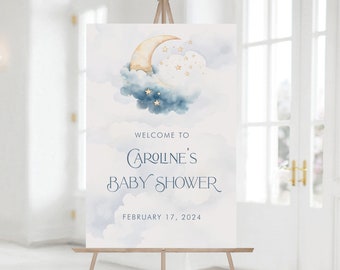 PRINTABLE Over the Moon Baby Shower Welcome Sign- Blue |  7 Sizes Included | Edit Text in Corjl, Download and Print!