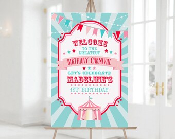 PRINTABLE Red & Pink Circus/Carnival Sign- Blue Burst | 5 Sizes Included | Edit Text in Corjl, Download and Print!