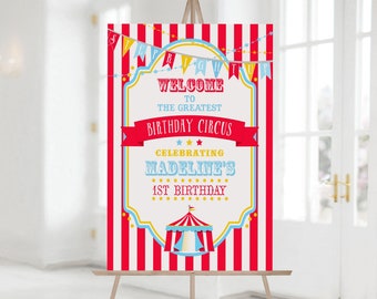 PRINTABLE Bright Red Circus/Carnival Vertical Welcome Sign- Stripe | 8 Sizes Included | Edit Text in Corjl, Download and Print!