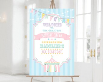 PRINTABLE Pastel Circus/Carnival Welcome Sign- Blue Stripes | 8 Sizes Included | Edit Text in Corjl, Download and Print!