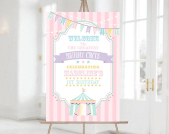 PRINTED Pastel Circus/Carnival Welcome Vertical Sign- Pink Stripes | Choose Size | Poster or Foam Core | Personalized, Printed, Shipped