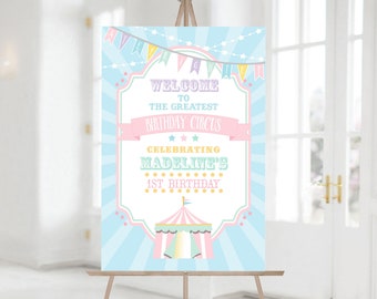 PRINTABLE Pastel Circus/Carnival Welcome Sign- Blue Burst | 8 Sizes Included | Edit Text in Corjl, Download and Print!