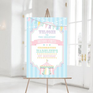 PRINTABLE Pastel Circus/Carnival Welcome Sign- Blue Stripes | 8 Sizes Included | Edit Text in Corjl, Download and Print!