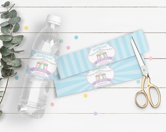 PRINTABLE Pastel Circus/Carnival Drink Labels- Blue | Birthday Circus | Baby Shower Circus | Edit Text in Corjl Design App