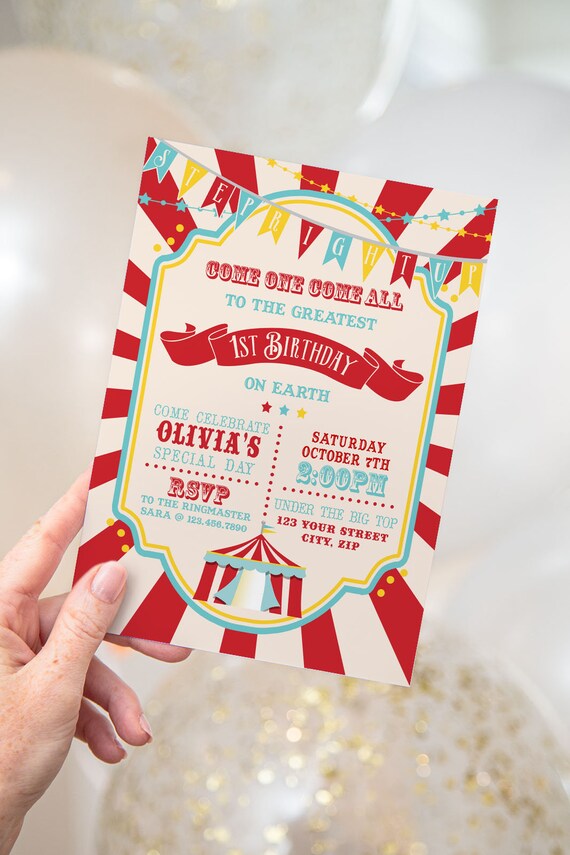 PRINTABLE Dark Red Circus/Carnival Invitation- Red Sunburst | Circus Birthday | Fully Editable Text | Edit Text in Corjl Design App Il_570xn