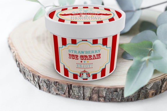 PRINTABLE Dark Red Circus/Carnival Ice Cream & Treat Tub Labels- Red Stripes | Fits 8oz Ice Cream Containers | Edit Text in Corjl Design App Il_570xn