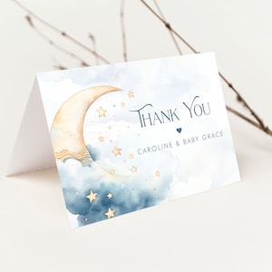 Tarjeta de agradecimiento editable "Más allá de la luna" para baby shower, tarjeta personalizable, descarga digital, imprimible, tema de baby shower "Luna azul".