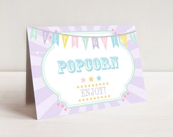 PRINTABLE Pastel Circus/Carnival Buffet/Food Cards- Purple Burst | Place or Name Cards | Edit Text in Corjl Design App