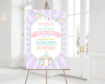 PRINTED Pastel Circus/Carnival Welcome Vertical Sign- Purple Burst | Choose Size | Poster or Foam Core | Personalized, Printed, Shipped