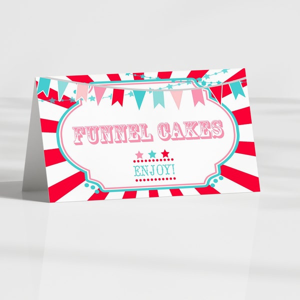 IMPRIMABLE Rouge & Rose Cirque/Carnaval Buffet/Cartes Alimentaires - Red Burst | Cartes de lieu ou de nom | Modifier le texte dans l'application Corjl Design