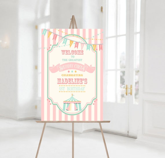 PRINTABLE Pink & Mint Circus/Carnival Welcome Sign- Stripes | 8 Sizes Included | Edit Text in Corjl, Download and Print! Il_570xn