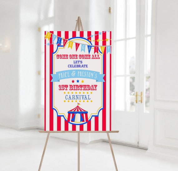 PRINTABLE Bright Red & Royal Blue Circus/Carnival Vertical Welcome Sign- Stripe | 8 Sizes Included | Edit Text in Corjl, Download and Print! Il_570xn