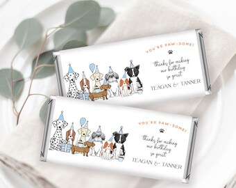 Dog Pawty chocoladereep wrappers: blauwe puppy verjaardag (bewerkbaar in Corjl, afdrukbaar)