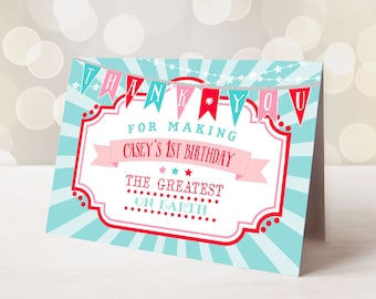 PRINTABLE Red & Pink Circus/Carnival Thank You Card- Blue Burst | Edit Text in Corjl, Download and Print!