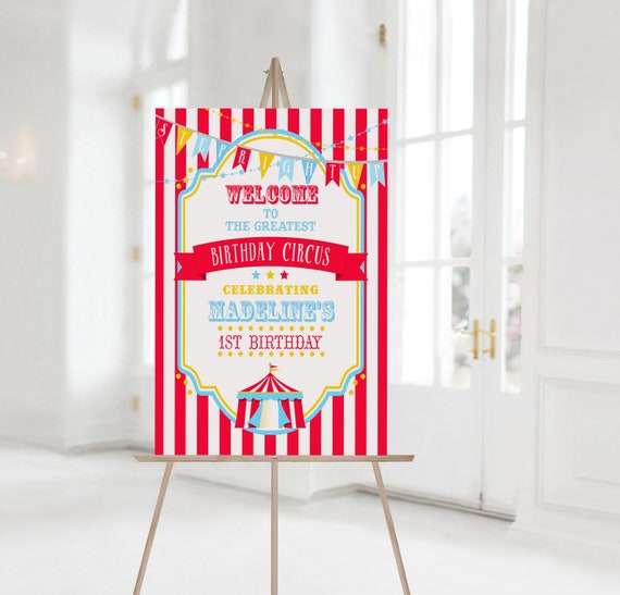 PRINTABLE Bright Red Circus/Carnival Vertical Welcome Sign- Stripe | 8 Sizes Included | Edit Text in Corjl, Download and Print! Il_570xn