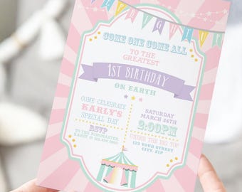 Pastel Circus Birthday Invitation: Pink Sunburst, Editable Text (Digital Download)