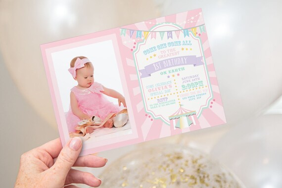 PRINTABLE Pastel Circus/Carnival Photo Invitation- Pink Burst | Circus Birthday | Edit Photo and Text in Corjl Design App Il_570xn