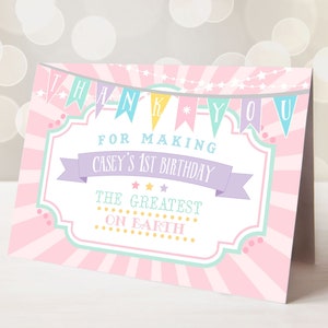 AFDRUKBARE pastel circus/carnaval bedankkaart-roze burst | Tekst bewerken in de Corjl Design-app
