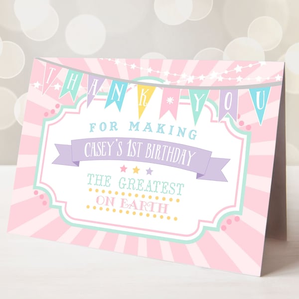 PRINTABLE Pastel Circus/Carnival Thank You Card- Pink Burst | Edit Text in Corjl Design App