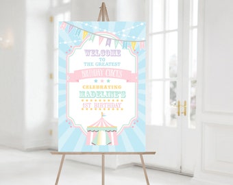 PRINTED Pastel Circus/Carnival Welcome Vertical Sign- Blue Burst | Choose Size | Poster or Foam Core | Personalized, Printed, Shipped