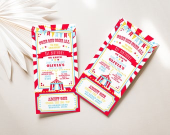 PRINTABLE Bright Red Circus/Carnival Ticket Invitations- Burst | Includes 4 x 8 and 4 x 9 Sizes | Edit Text in Corjl, Download and Print!