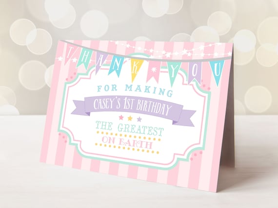 PRINTABLE Pastel Circus/Carnival Thank You Card- Pink Stripes | Edit Text in Corjl Design App Il_570xn