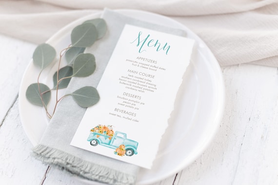 PRINTABLE Aqua Blue Pumpkin Truck Menu Card | Fall Birthday, Baby/Bridal Shower | Edit Text in Corjl Design App Il_570xn