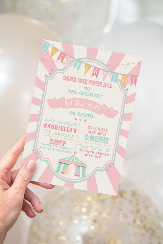PRINTABLE Pink & Mint Circus/Carnival Invitation- Pink and Ivory Sunburst | For Birthdays or Baby Showers | Edit Text in Corjl Design App Il_570xn