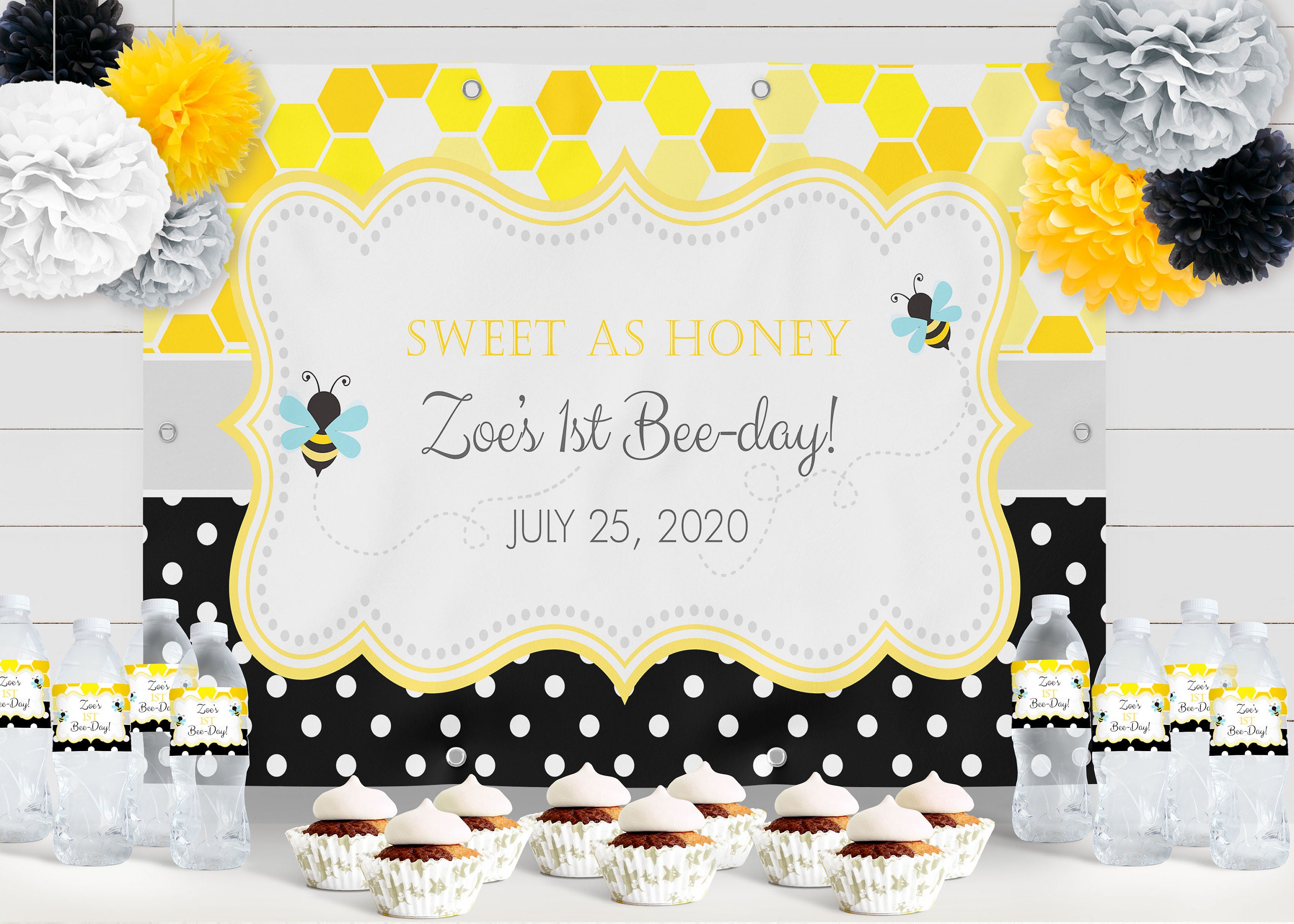 PRINTABLE Bumble Bee Birthday Backdrop & Dots Etsy