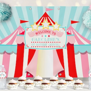 Red & Pink Circus Backdrop: Editable Carnival Tents (Digital File)