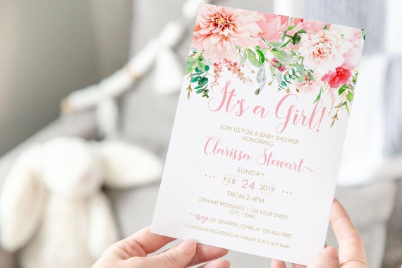 PRINTABLE Pink Floral Invitation- It's a Girl | Baby Shower | Fully Editable Text | Edit Text in Corjl Design App Il_570xn