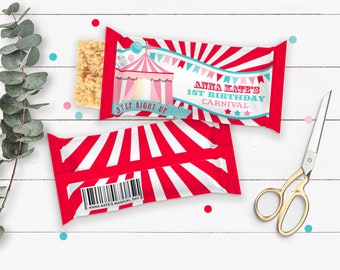 PRINTABLE Red & Pink Circus/Carnival Rice Krispie Treat Wrappers- Red Burst | Fits 0.78oz Treats | Edit Text in Corjl Design App