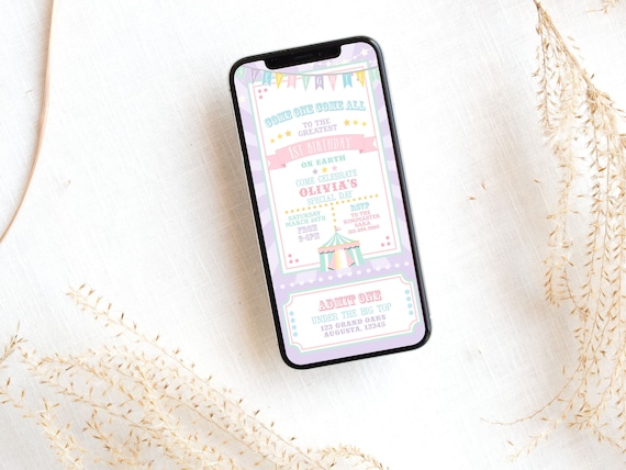 Pastel Circus Smart Phone Invitation- Purple Burst | Text Message Invite | Circus Baby Shower | Edit in Corjl, Download, and Send! Il_570xn