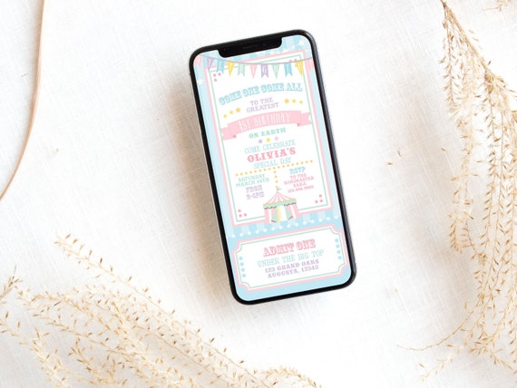 Pastel Circus Smart Phone Invitation- Blue Stripes | Text Message Invite | Circus Baby Shower | Edit in Corjl, Download, and Send! Il_570xn