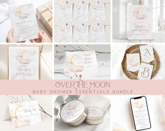 PRINTABLE Over the Moon Baby Shower Essentials Bundle- Pink | Edit Text in Corjl, Download and Print!