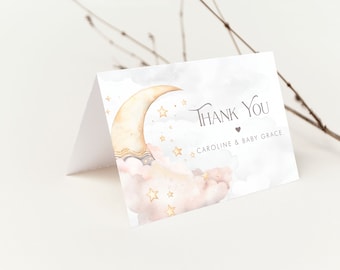 PRINTABLE Over the Moon Baby Shower Thank You Card- Pink | Edit Text in Corjl Design App