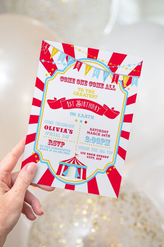 PRINTABLE Bright Red Circus/Carnival Invitation- Red Sunburst | Circus Birthday | Fully Editable Text | Edit Text in Corjl Design App Il_570xn