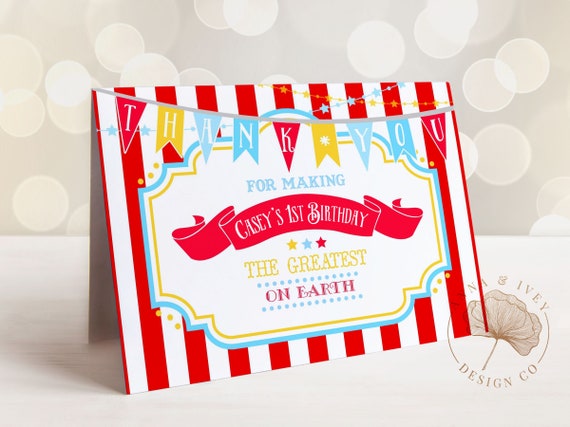 PRINTABLE Bright Red Circus/Carnival Thank You Card- Red Stripes | Birthdays & School/Church Carnivals | Edit Text in Corjl Design App Il_570xn
