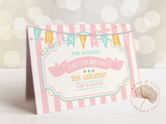 PRINTABLE Pink & Mint Circus/Carnival Thank You Card- Pink Stripes | Baby Shower | Girl Circus | Edit Text in Corjl Design App Il_570xn