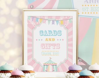 PRINTABLE Pastel Circus/Carnival Cards & Gifts Sign- Pink Burst | Include 8 x 10 and 11 x 14 Sizes | Edit Text in Corjl Design App