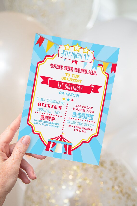 PRINTABLE & EDITABLE Circus/Carnival Invitation- Bright Blue | Fully Editable Text | Instant Download Il_570xn