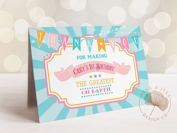 PRINTABLE Pink & Teal Circus/Carnival Thank You Card- Blue Sunburst | Birthday or Baby Shower | Girl Circus | Edit Text in Corjl Design App Il_570xn