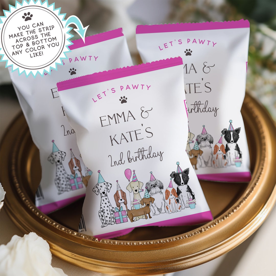 Printable Let's Pawty Chip Bags: Pink Puppy Party Decor (digital ...