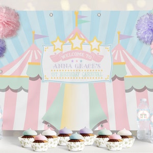 PRINTABLE Pastel Circus/Carnival Backdrop | 4' Feet Tall x 6' Feet Wide | Customer Can Edit Text in Corjl App