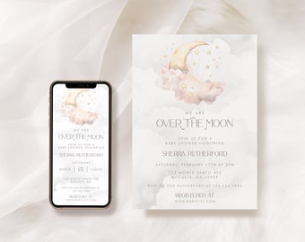 PRINTABLE Over the Moon Baby Shower Invitation Duo- Pink | Standard + Smart Phone Invitations | Fully Editable Text | Edit in Corjl