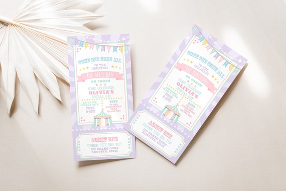 PRINTABLE Pastel Circus/Carnival Ticket Invitation- Purple Burst | Fully Editable Text | Edit Text in Corjl, Download and Print! Il_570xn