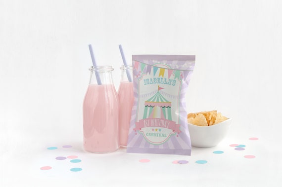 PRINTABLE Pastel Circus Chip/Popcorn Bags- Purple Burst | Pastel Carnival | Edit Text in Corjl, Download and Print! Il_570xn