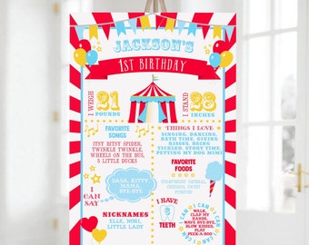 PRINTABLE Bright Red & Light Blue Circus/Carnival 1st Year Milestone Sign- Red Burst | 3 Sizes Included | Edit the Text, and Print!