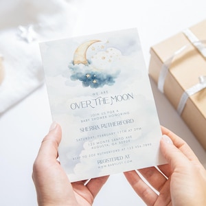 Bewerkbare Over the Moon-uitnodiging Baby Boy Shower Aanpasbare uitnodiging Digitale download Afdrukbare Blue Moon-babyshowerkaart